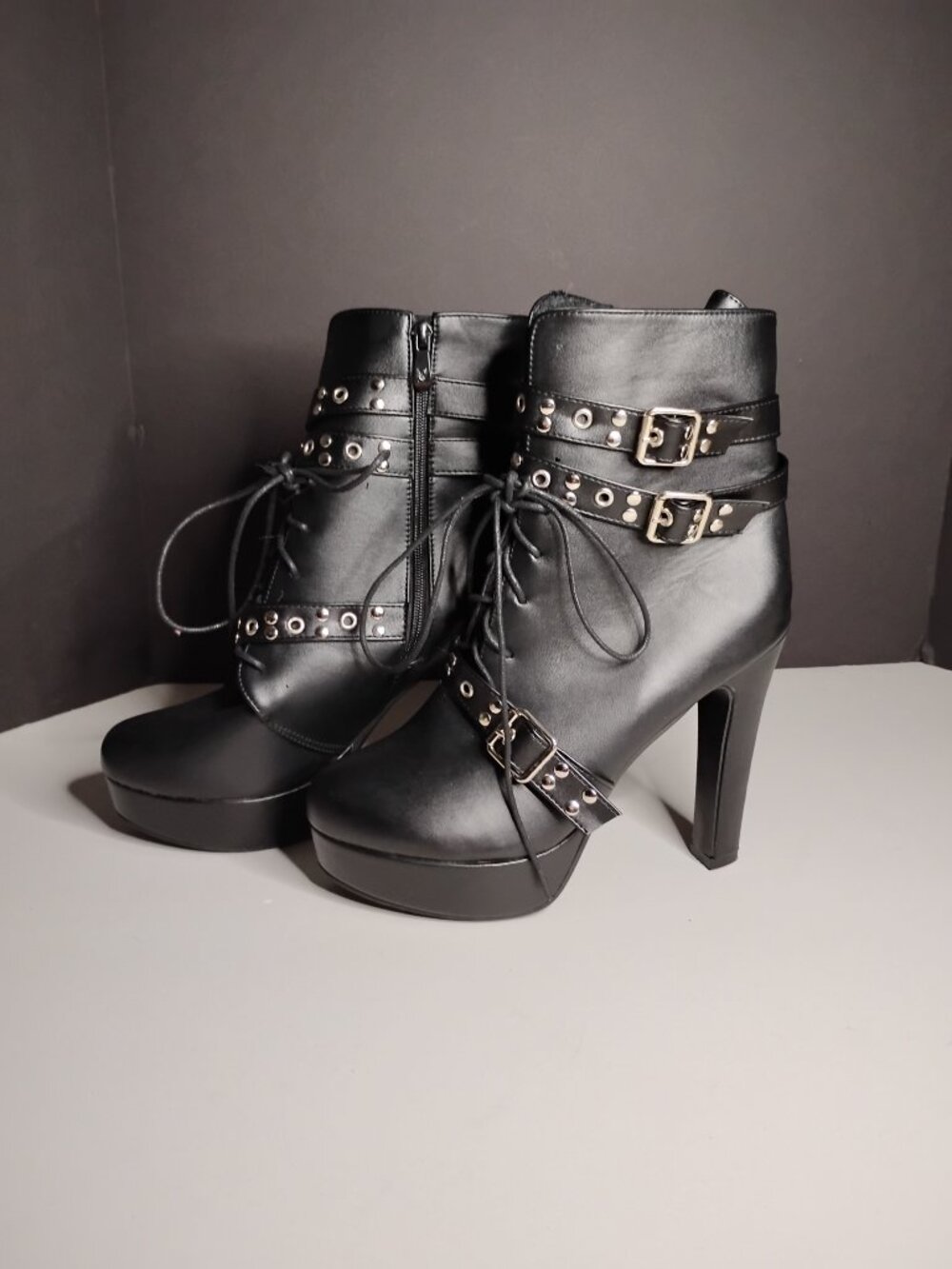 Women Studded Belt Buckle Chunky High Heel Ankle Combat Boots Faux Leather Sz44 - Picture 2 of 12